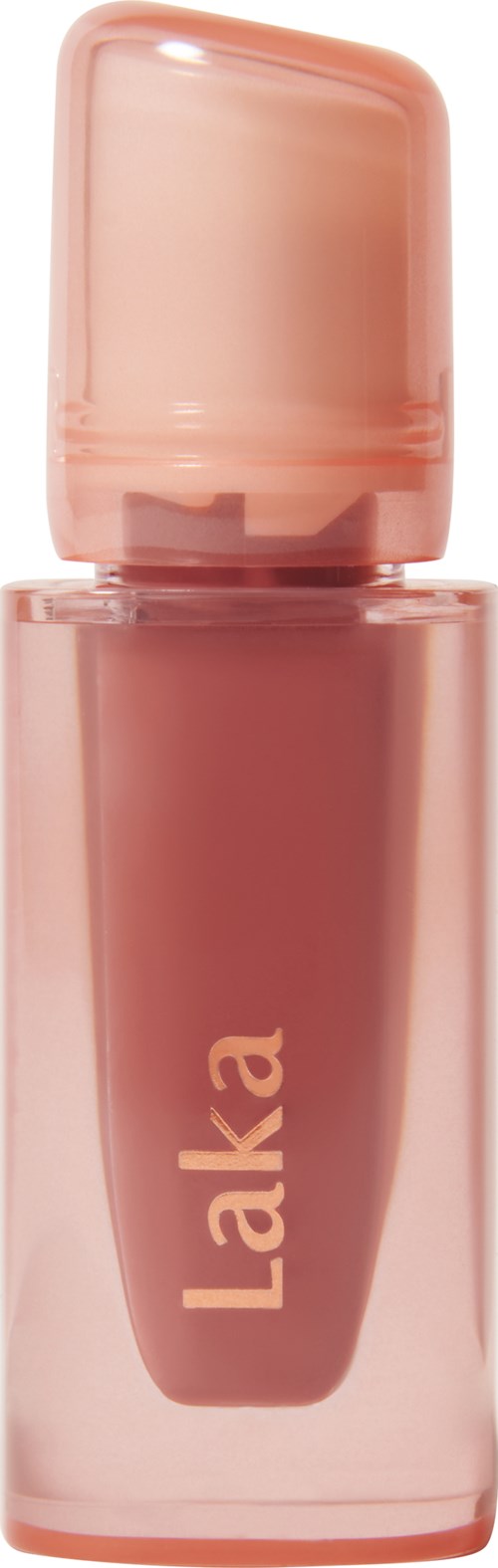 En leppestiftpenn med rosa lokk og gjennomsiktig kropp som viser leppestiften inni. Merket 'Laka' er på den.