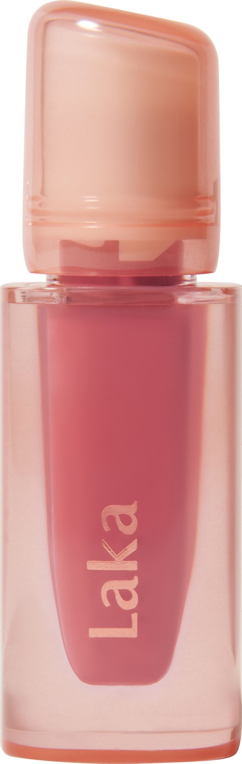 Et rosa leppestift med et gjennomsiktig tilfelle og merket "Laka" på.