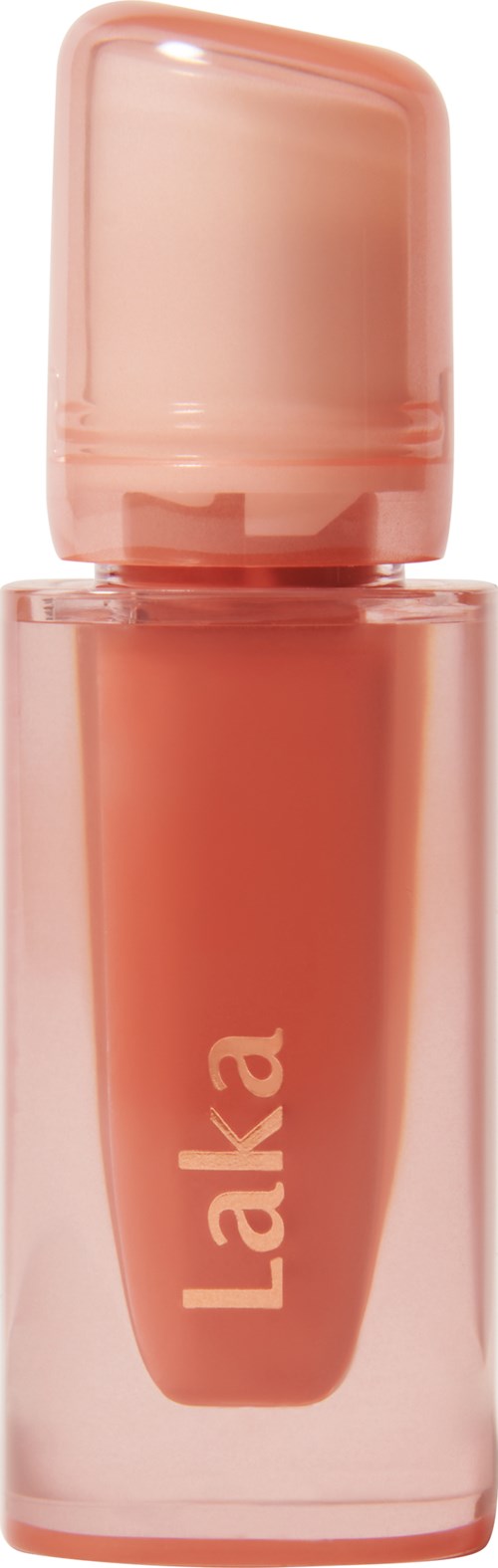 En liten flaske med korallfarget leppestift med gjennomsiktig rosa hette. Ordet "Laka" står på den.