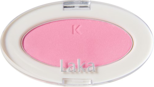 Rosa blush med merkevaren "Laka" og bokstaven "K" preget inni en oval beholder.