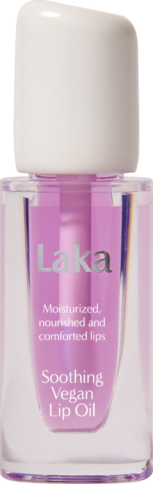 En liten flaske Laka vegansk leppeolje med lilla farge og hvit hette, merket for beroligende, fuktende lepper.