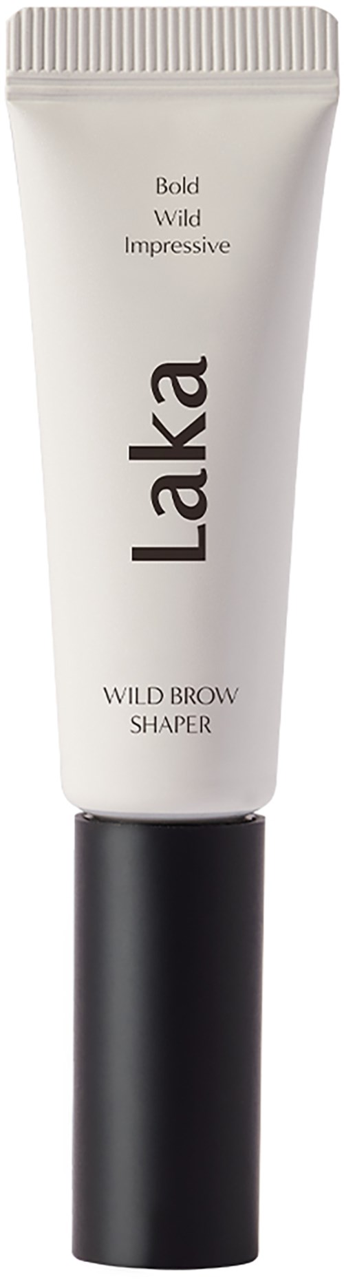 En hvit tube med svart tekst og svart hette, merket Lakka Wild Brow Shaper, laget for øyenbrynforming.