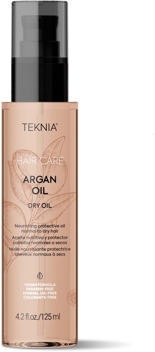 Pullo Teknia Argan Oil kostealle hiuksille, pumppu, kirkas etiketti ja 125 ml.