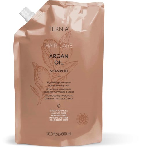 Miękka różowa saszetka TEKNIA Argan Oil Hydrating Shampoo do włosów normalnych do suchych.