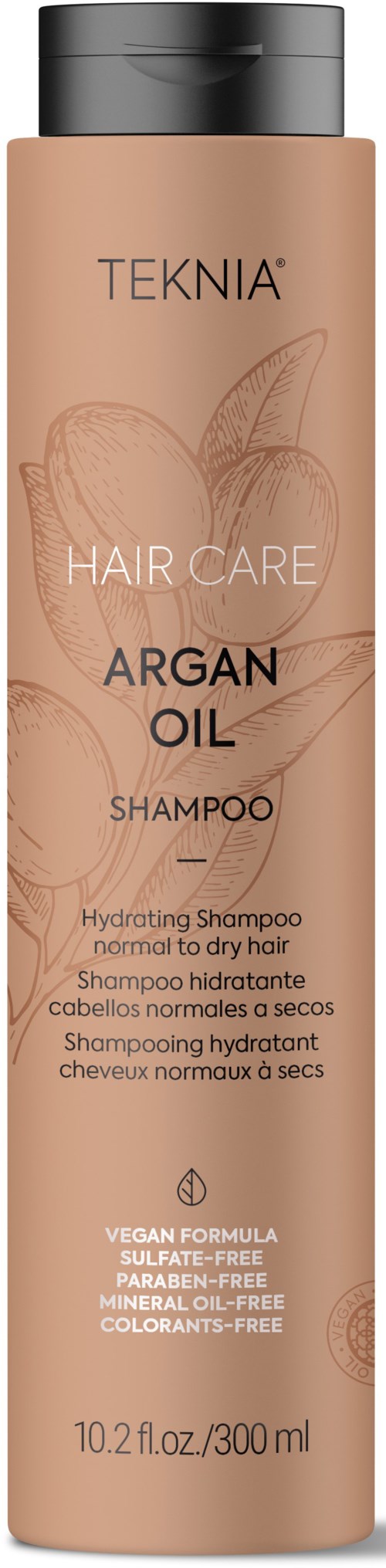 Fles Teknia shampoo met donker deksel, labeled voor haarverzorging met arganolie, 300 ml.