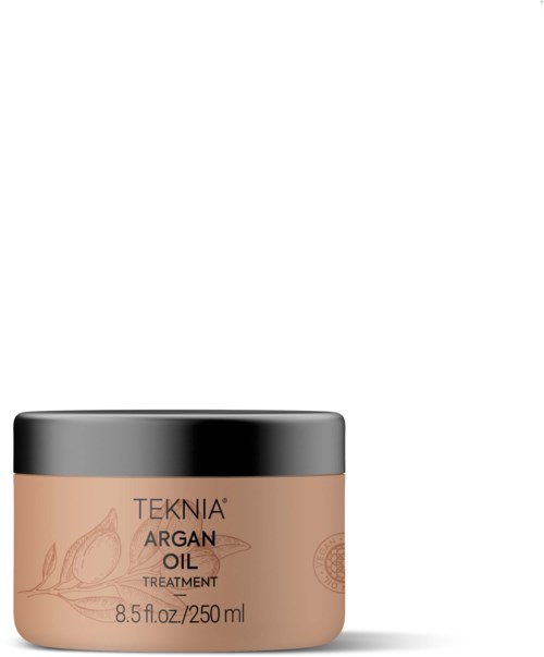 Ein runder, pfirsichfarbener Behälter mit schwarzem Deckel, beschriftet 'Teknia Argan Oil Treatment' und 250 ml Fassungsvermögen.