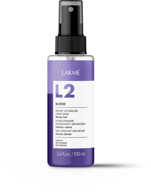 En lilla flaske med Lakme L2 Blonde Instant Detangling Conditioner for blondt hår med spraybeholder.