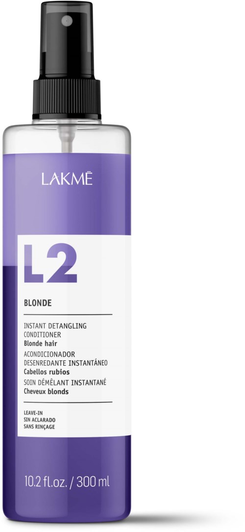 En lavendelfarget sprayflaske med svarthette, merket Lamke L2 blond, 300 ml.