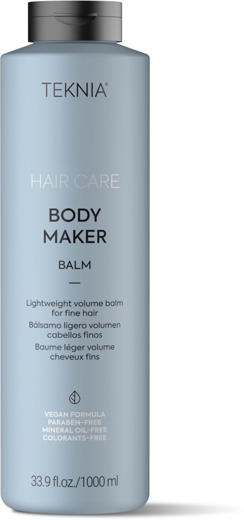Hellblaue Flasche mit TEKNIA Body Maker Balm für feines Haar, vegan, cruelty-free, ölfrei und farbstofffrei. 1000 ml.