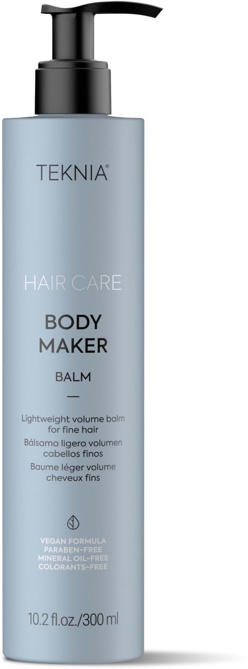 Hellblaue Flasche mit Pumpspender. Text zeigt TEKNIA, HAIR CARE, BODY MAKER BALM und Details zur Anwendung und Inhaltsstoffen.