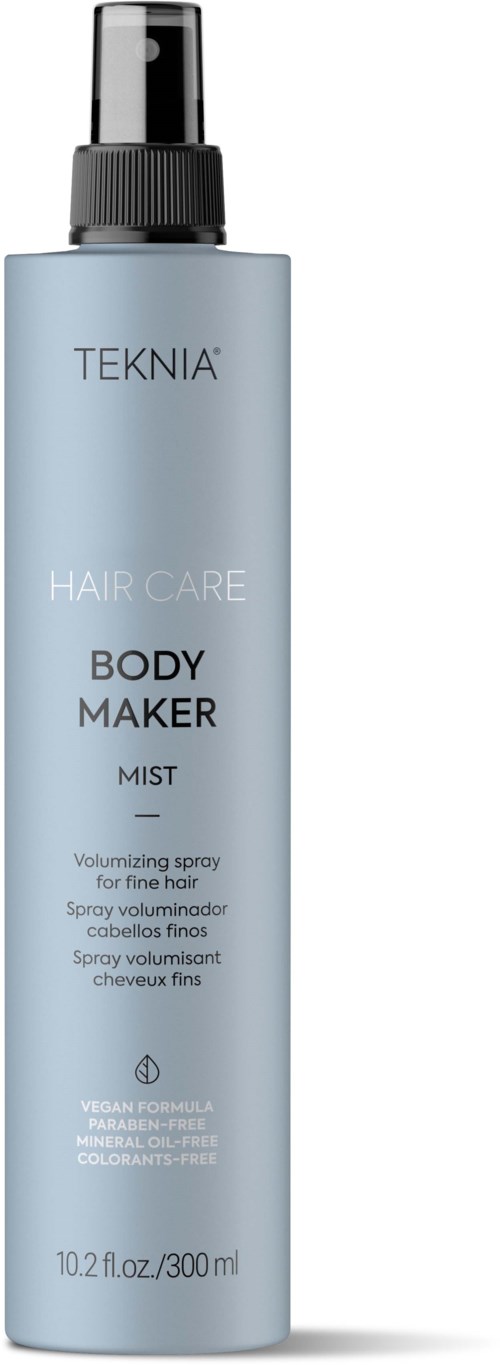 Eine hellblaue Sprühflasche mit der Aufschrift 'TEKNIA' für Haarpflege, namens 'Body Maker Mist', für feines Haar, 300ml.