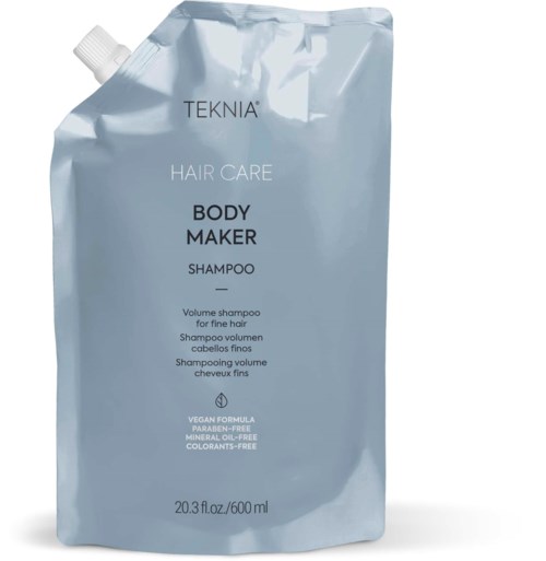 A light blue refill pouch of TEKNIA Hair Care Body Maker Shampoo for fine hair, 600ml volume bottle.