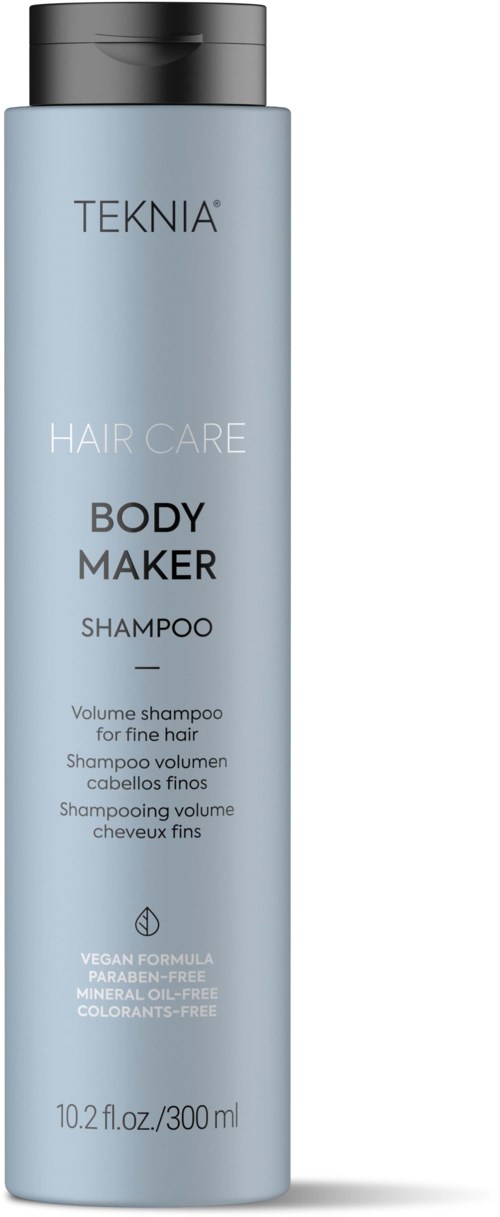 Vaaleansininen pullo, jossa lukee TEKNIA Hair Care Body Maker Shampoo, hienolle hiuksille, ilman parabeneja ja väriaineita.