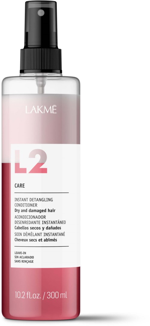 Ruusunvärinen ja valkoinen suihkepullo, merkintä LAKME L2 Care, kuivatulle ja vaurioituneelle hiukselle, 10,2 fl oz tai 300 ml.
