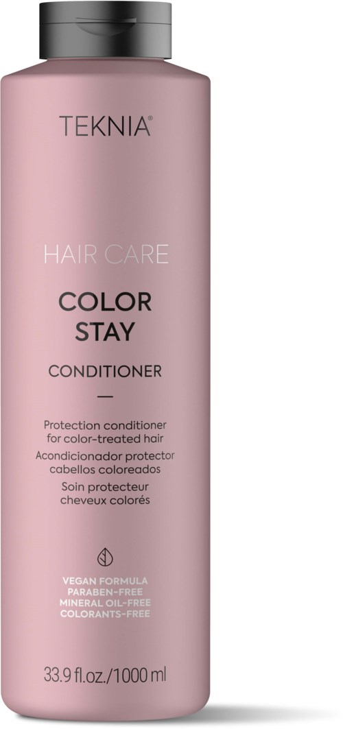 En rosa flaske med TEKNIA Hair Care Color Stay Conditioner med svart lokk, enkel design, og produktdetaljer.