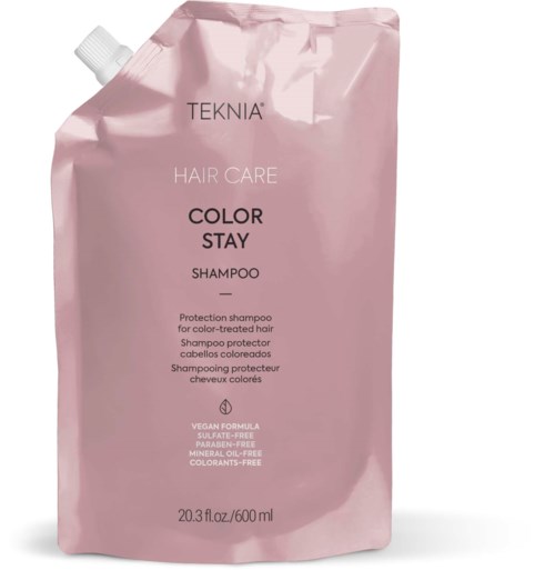 Różowa saszetka szamponu do włosów farbowanych, z oznaczeniem TEKNIA i COLOR STAY, 600 ml.
