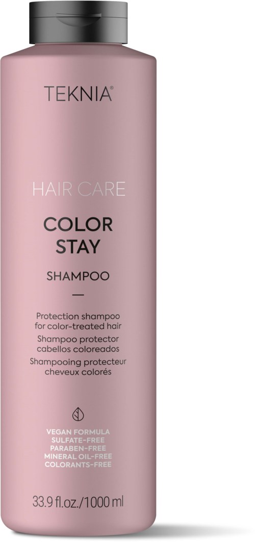 Ruusukerrottu pullo TEKNIA Hair Care Color Stay -shampoolle, jossa musta kansi ja tuoteetietoja.