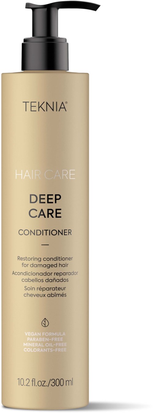 En beige flaske med sort pumpe mærket TEKNIA Deep Care Conditioner til beskadiget hår. Den er 300 ml.