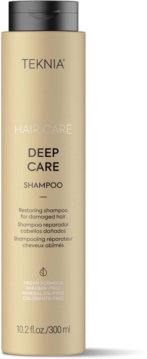 A beige bottle of TEKNIA Deep Care Shampoo designed for damaged hair, containing 300 ml of product.