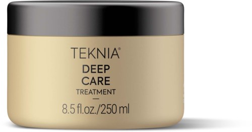 A beige jar with a black lid labeled TEKNIA Deep Care Treatment, 8.5 fl oz/250 ml.
