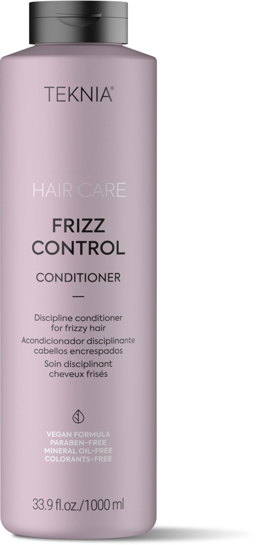 Różowa butelka od TEKNIA odżywki do włosów 'Frizz Control' dla włosów kręconych, wegańska, bez oleju mineralnego i barwników.