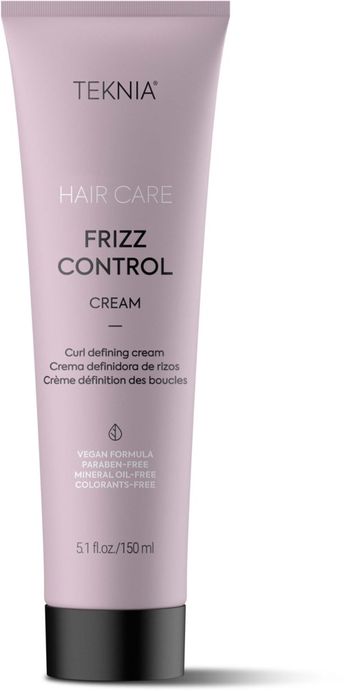 En rosa tub märkt "Teknia Hair Care Frizz Control Cream" med svart lock, beskriver att den hjälper med lockdefiniering.