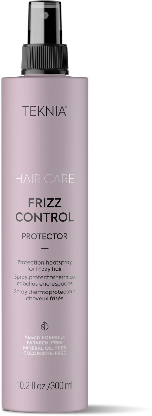 En rosa sprayflaska märkt 'TEKNIA HAIR CARE FRIZZ CONTROL PROTECTOR' för hårskydd mot värme.