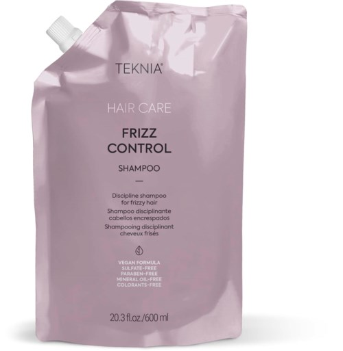 Vaaleanpunainen täyttöpusseeri TEKNAHAIR CARE Frizz Control Shampoo, jossa valkoinen korkki, 600 ml.