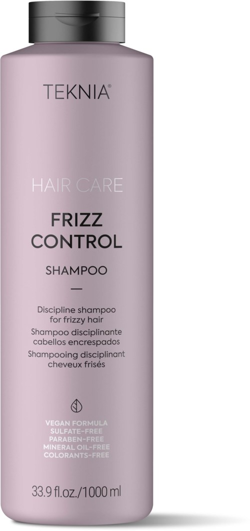 Długa, lawendowa butelka szamponu z czarną nakrętką, oznaczona 'TEKNIA HAIR CARE FRIZZ CONTROL SHAMPOO' oraz szczegóły.
