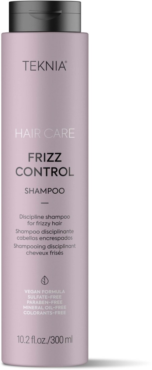 Pitkä, vaaleanpunainen pullo, jossa lukee Teknia Hair Care Frizz Control Shampoo ja on musta kansi.