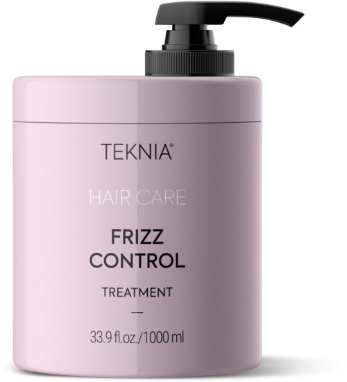 Roze fles met zwarte pomp, gelabeld 'Teknia Hair Care Frizz Control Treatment' en 33,9 fl oz.