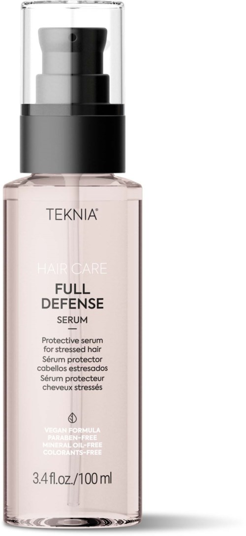 A clear bottle with a black cap and pump, labeled 'Teknia Full Defense Serum' for stressed hair protection.