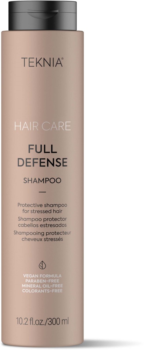 Beige pullo Teknia Full Defense -shampoolle stressaantuvalle hiukselle, parabeeneista, väriaineista ja sulfaateista vapaa, 300 ml.