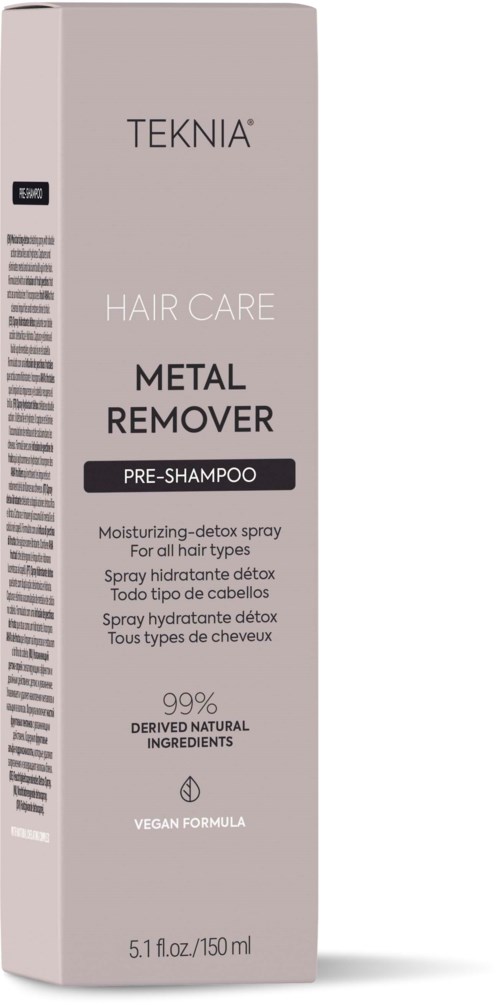 En lys grå boks med plantebaseret hårpleje pre-shampoo spray, 150 ml, med sorte accenter og tekst.