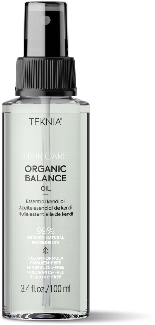 Przezroczysta butelka z czarnym rozpylaczem, oznaczona TEKNIA Organic Balance Oil, zawiera 100 ml oleju do włosów.