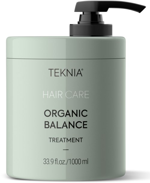 Vihreä pullo mustalla pumpulla, merkintä 'TEKNIA,' 'HAIR CARE,' 'ORGANIC BALANCE,' ja sisältää 1000 ml nestettä.