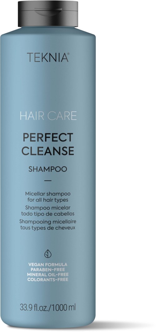 En blå flaska av TEKNIA Hair Care Perfect Cleanse schampo för alla hårtyper, vegansk, alkoholfri, mineraloljefri och färgfri.