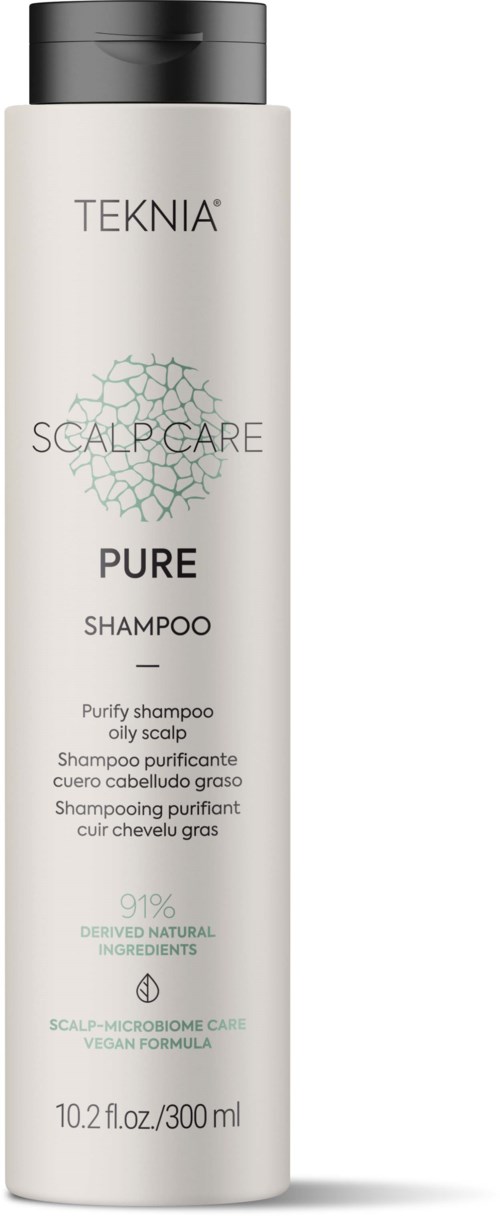 En hvit flaske med svart lokk, merket TEKNIA PURE SHAMPOO for fet hodebunn, naturlige ingredienser, 300 ml.