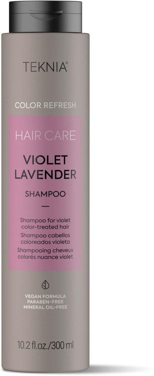 En lång, grå flaska märkt TEKNIA COLOR REFRESH, med rosa avdelning för violet lavendelschampo. Den nämner vegansk och mineralfri.