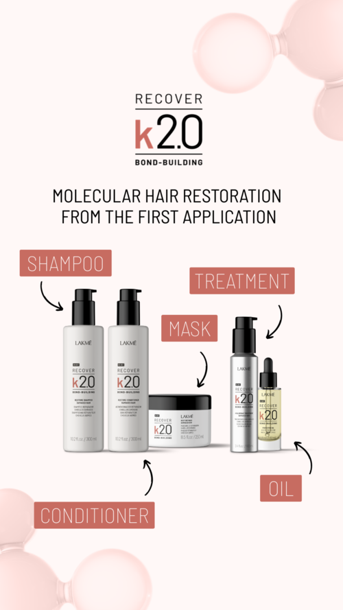 Deze afbeelding toont een haarverzorgingslijn met shampoo, conditioner, behandeling, masker en olie voor haarherstel.