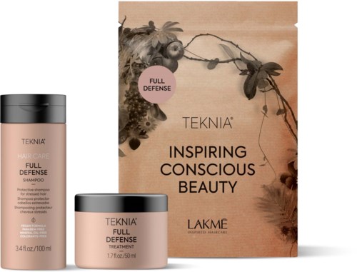 Zestaw produktów do pielęgnacji włosów, w tym szampon i odżywka, z pudełkiem oznaczonym 'Inspiring Conscious Beauty'.