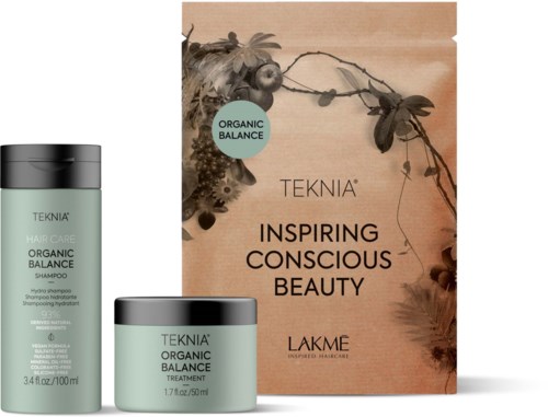 Zestaw ekologicznych produktów do pielęgnacji włosów z pudełkiem, na którym napisano "Inspiring Conscious Beauty" i "Organic Balance".