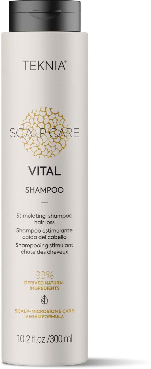 Witte fles met zwarte dop, label TECHNIA VITAL SHAMPOO tegen haaruitval, met natuurlijke ingrediënten.