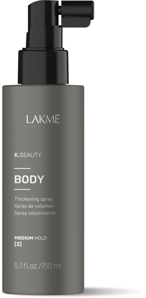A gray spray bottle labeled "LAKME K.BEAUTY BODY" with a black nozzle, used for thickening spray.