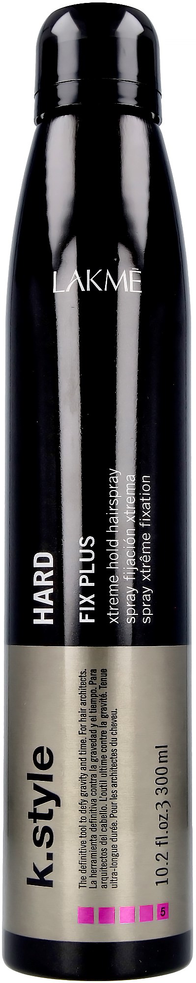 En sort og sølv cylindrisk flaske med hårplejeprodukt med hvid tekst, mærket Lakme K. Style Hard Plus.