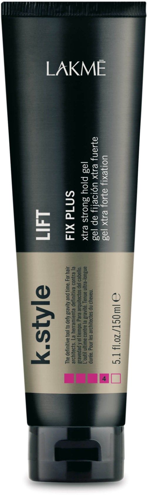 En svart tub med hudvårdsprodukt med vit och rosa text, märkt 'LAKME' och 'K.Style'.