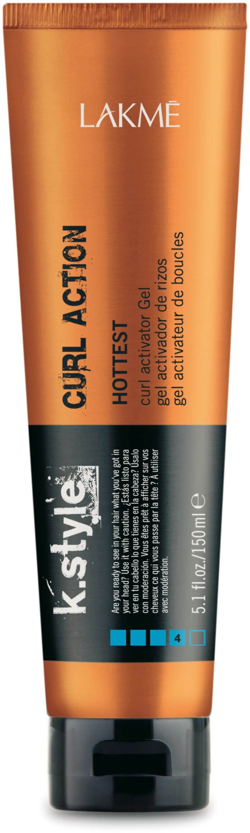 An orange tube with black cap, labeled 'LAKME,' promoting hair curl activity. It contains 150 ml of product.