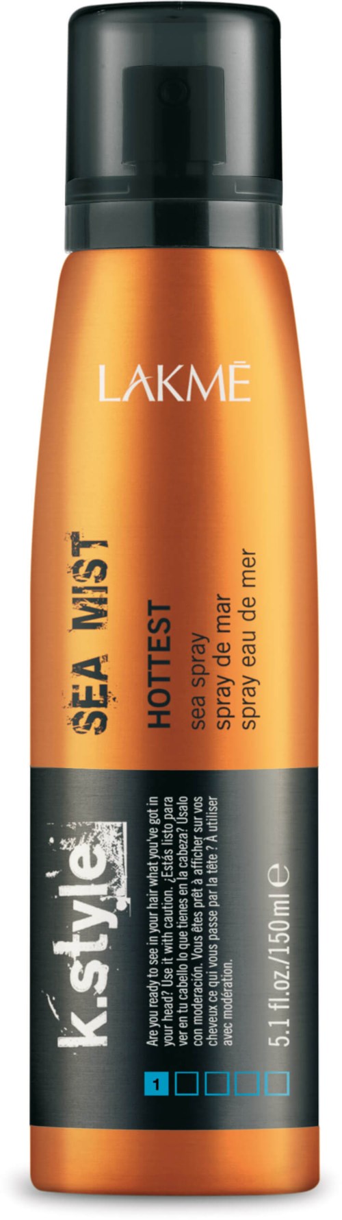 En hårspray flaske merket "Lakme SEA Mist" i orange og svart med svart lokk.