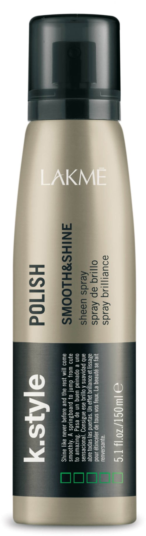 En beige sprayflaska med svart lock, märkt Lakme K-Style smooth shine för naglar.