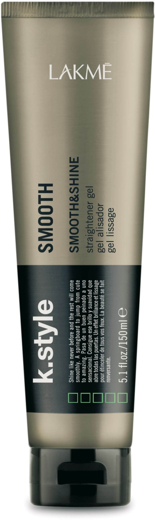 En silver tub med Lakme K-style Smooth Shine tandkräm med svart och vitt text och gröna indikatorljus.